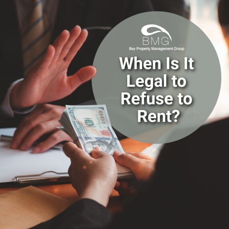 A person handing cash to someone who is refusing it, with the text "When Is It Legal to Refuse to Rent?" displayed on the image.