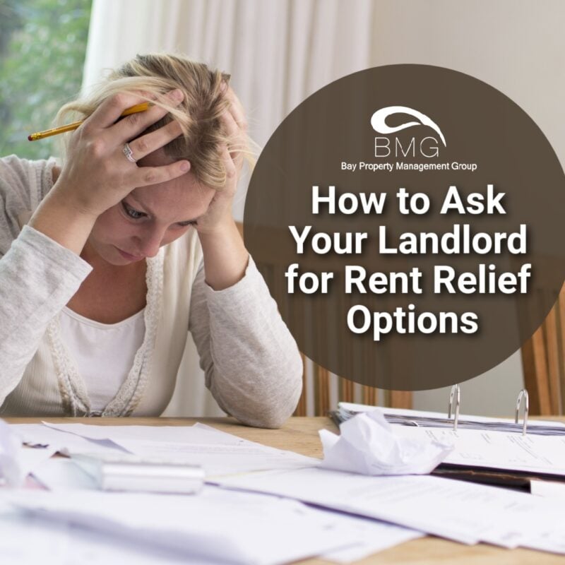 A stressed woman holding her head while reviewing paperwork, with the text "How to Ask Your Landlord for Rent Relief Options" displayed prominently.