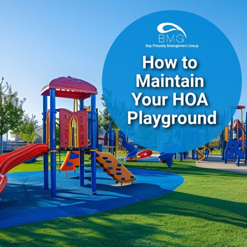 A colorful playground with slides and climbing structures, accompanied by the text "How to Maintain Your HOA Playground.