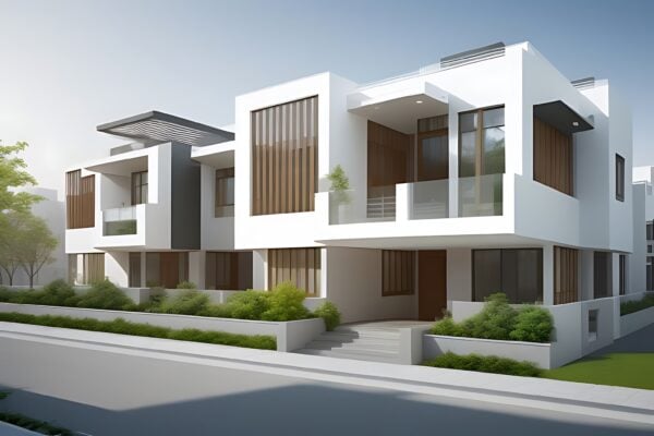 Horizontal, white triplex home design with balcony