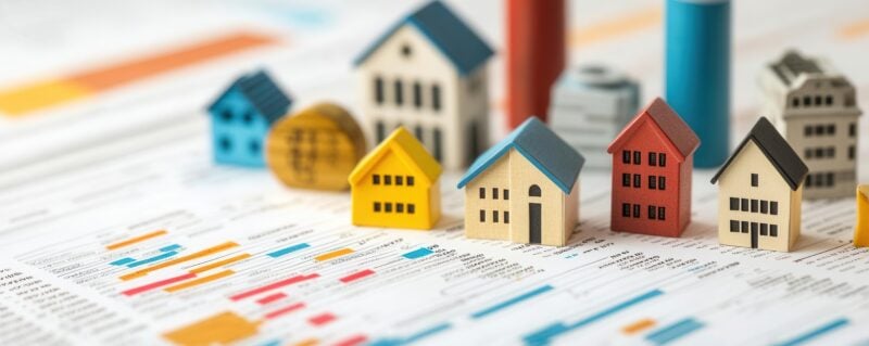 Close-up of diverse financial products stocks, bonds, real estate on a spreadsheet, investment tracking, diversification plan.