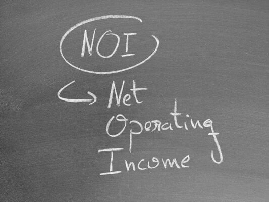 Conceptual art of financial terms written on a chalkboard demonstrating net operating income, its abbreviation, and explaining in a textual layout.