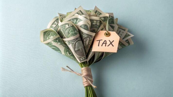Dollar Bills Bouquet A bouquet made of dollar bills representing profits from capital gains with a Tax tag hanging from it.