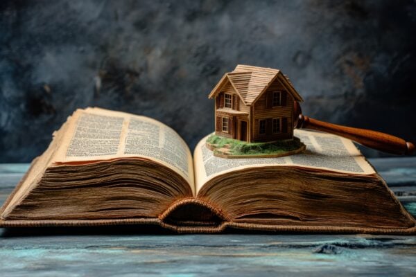 An image of an open book with a wooden gavel and a house model on it