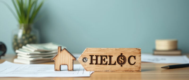 wooden bookmark with "heloc" engraved on it, next to a wooden toy house