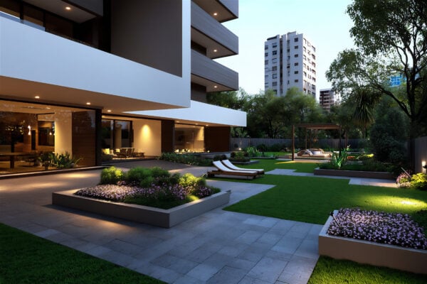 a contemporary urban residential complex with chairs and open space outside