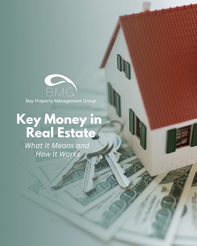 House key and keychain on U.S. dollar bills, symbolizing key money in real estate lease agreements.