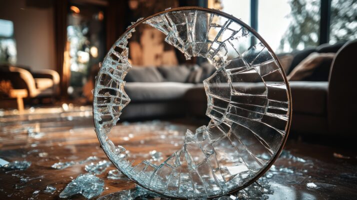 Shattered glass on the floor showing severe rental property damage that could lead to criminal charges.