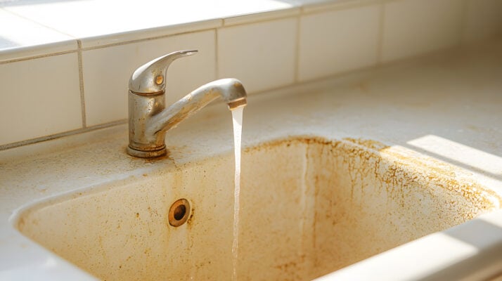Hard water stains and mineral buildup around a rental property sink faucet