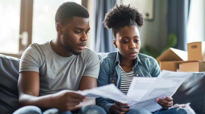 Tenants reviewing lease documents and move-in paperwork before settling into a new apartment.