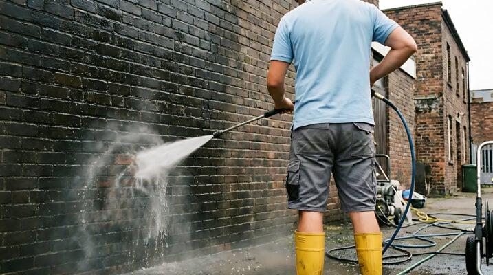 Property maintenance worker cleaning exterior brick wall at a Baltimore rental property