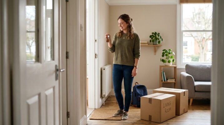 Tenant standing in a rental property with moving boxes and apartment keys