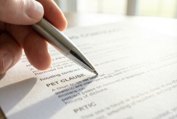 Tenant reviewing lease terms and pet policy in a rental agreement