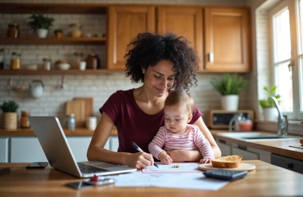 Woman at home reviewing household expenses while sitting with a child in the kitchen.