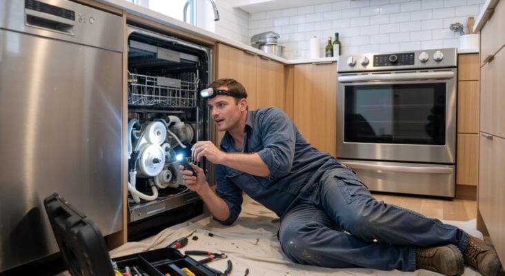 Rental property maintenance technician repairing an appliance affected by hard water