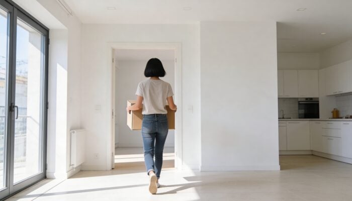 Tenant carrying a moving box while leaving a rental apartment