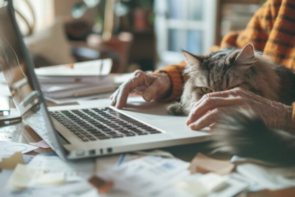 Resident reviewing ESA housing documents while sitting with emotional support cat